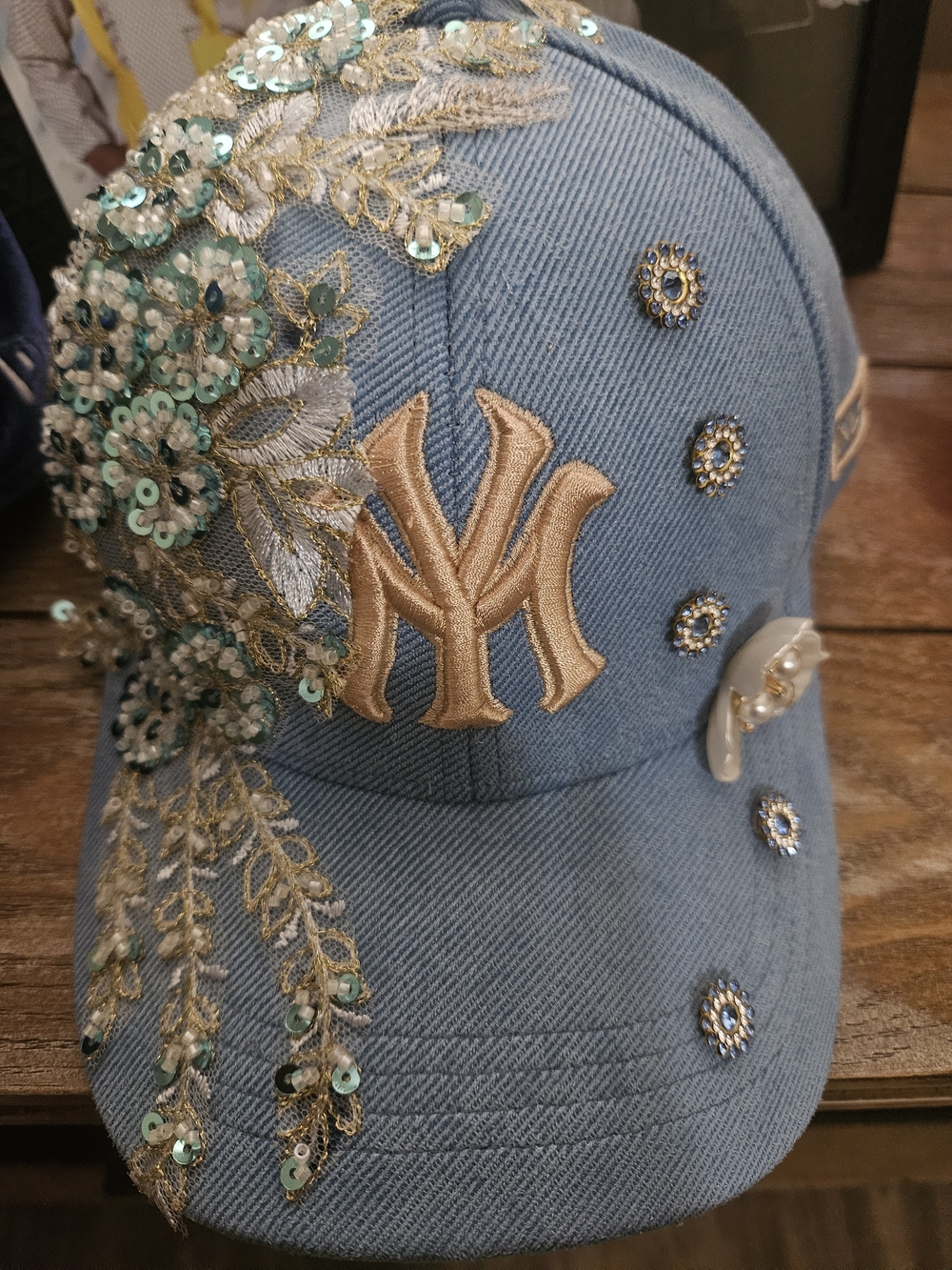 Embellished NY Baseball Cap in Light Denim Blue